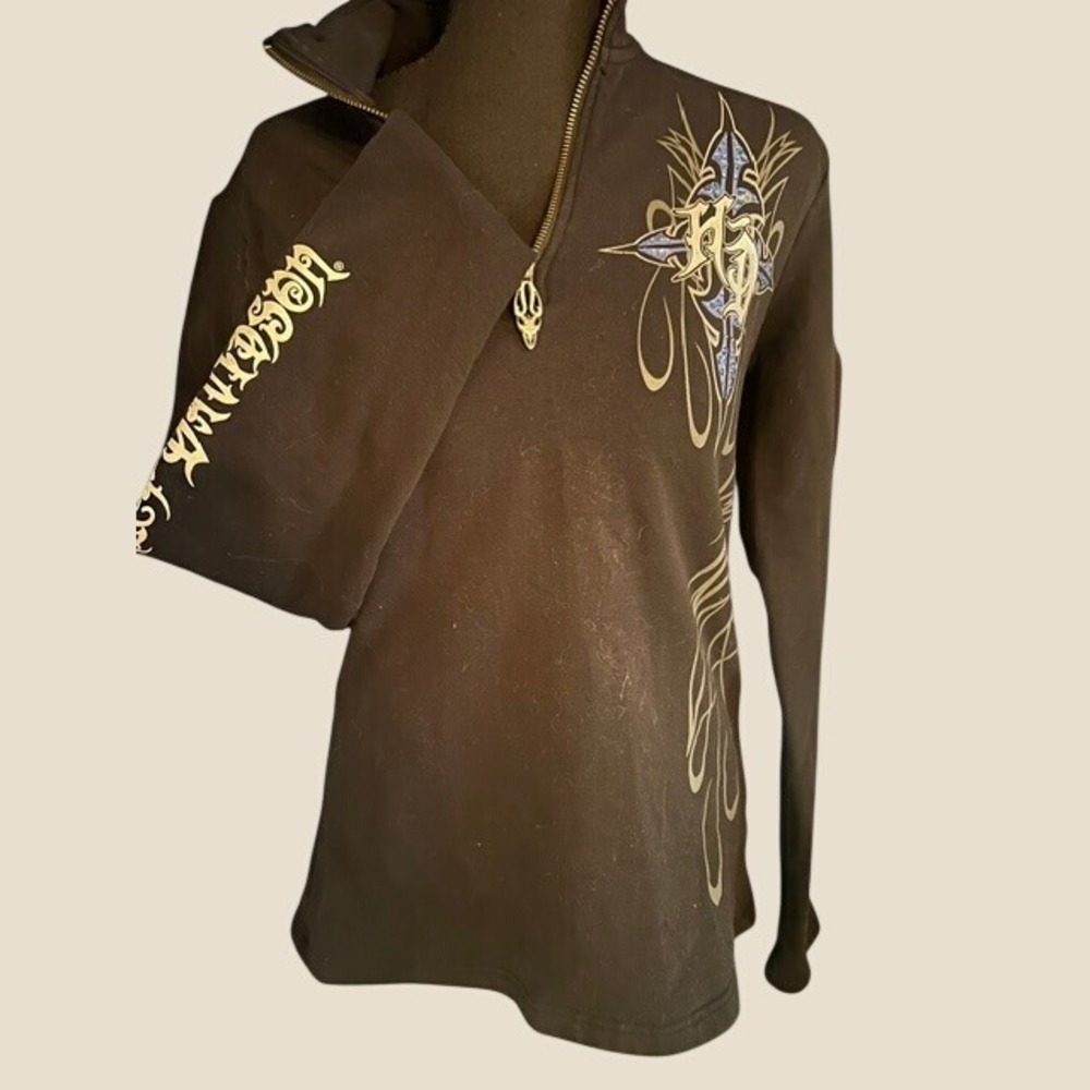 Harley Davidson Quarter Zip Women Medium Black Rhinestone Tribal Biker Pullover